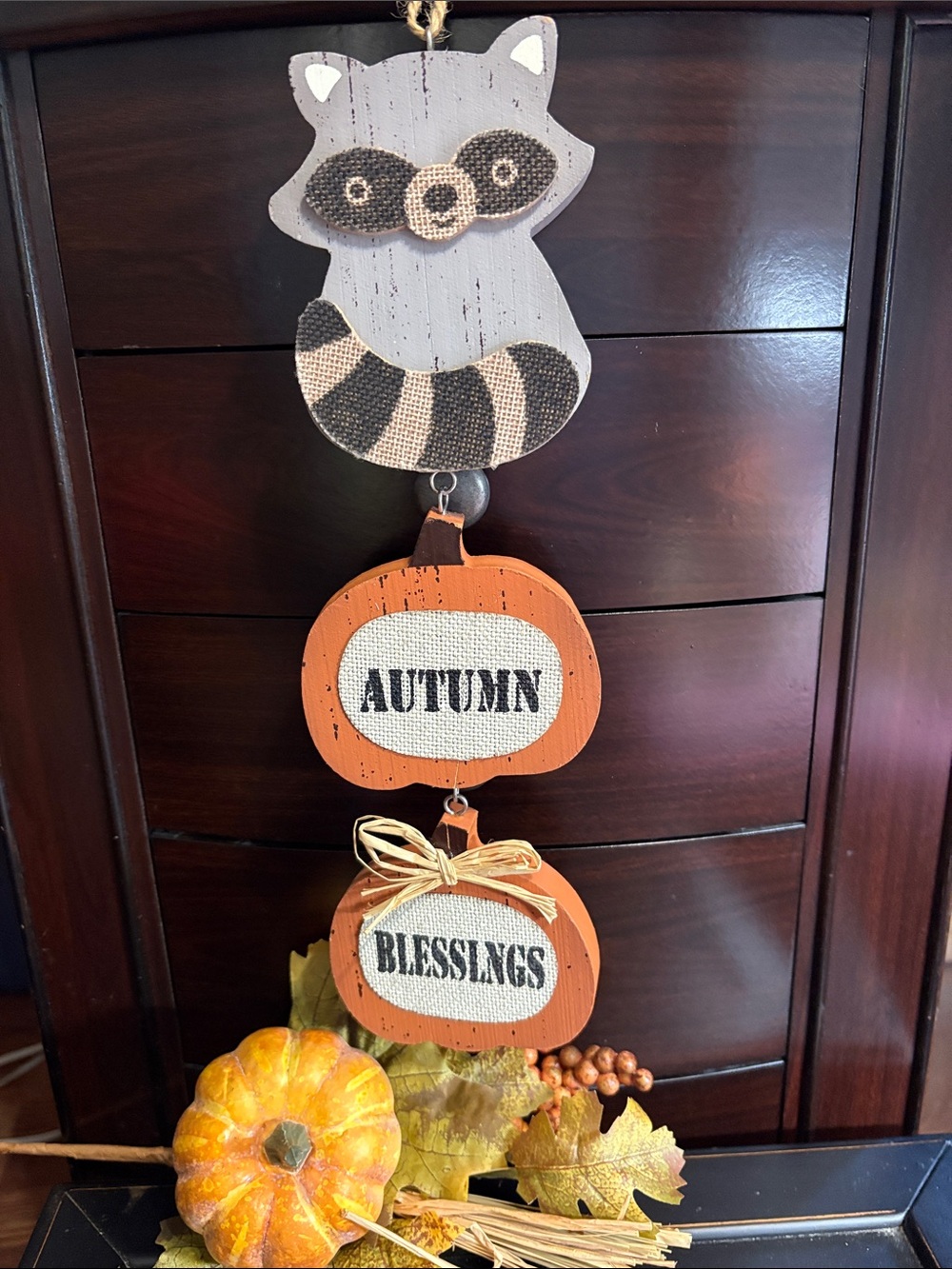 Autumn Blessings Pumpkin and Raccoon Hanging Decor - Orange